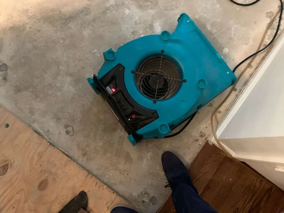 Air mover drying subfloor during Leak Detection & Repair in Lower Allen
